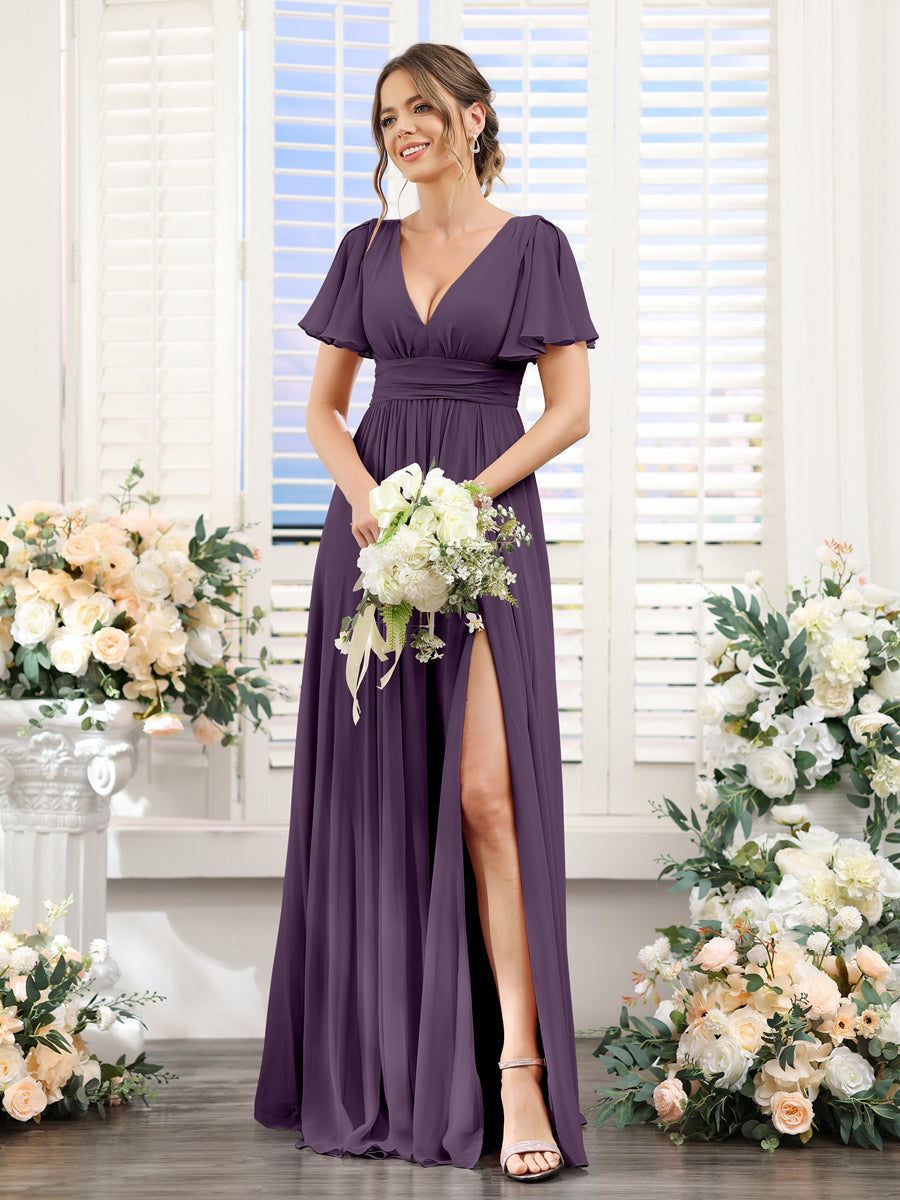Vestidos de Dama de Honra Em Chiffon Linha A com Mangas Curtas e Laterais Divididas Até O Chão