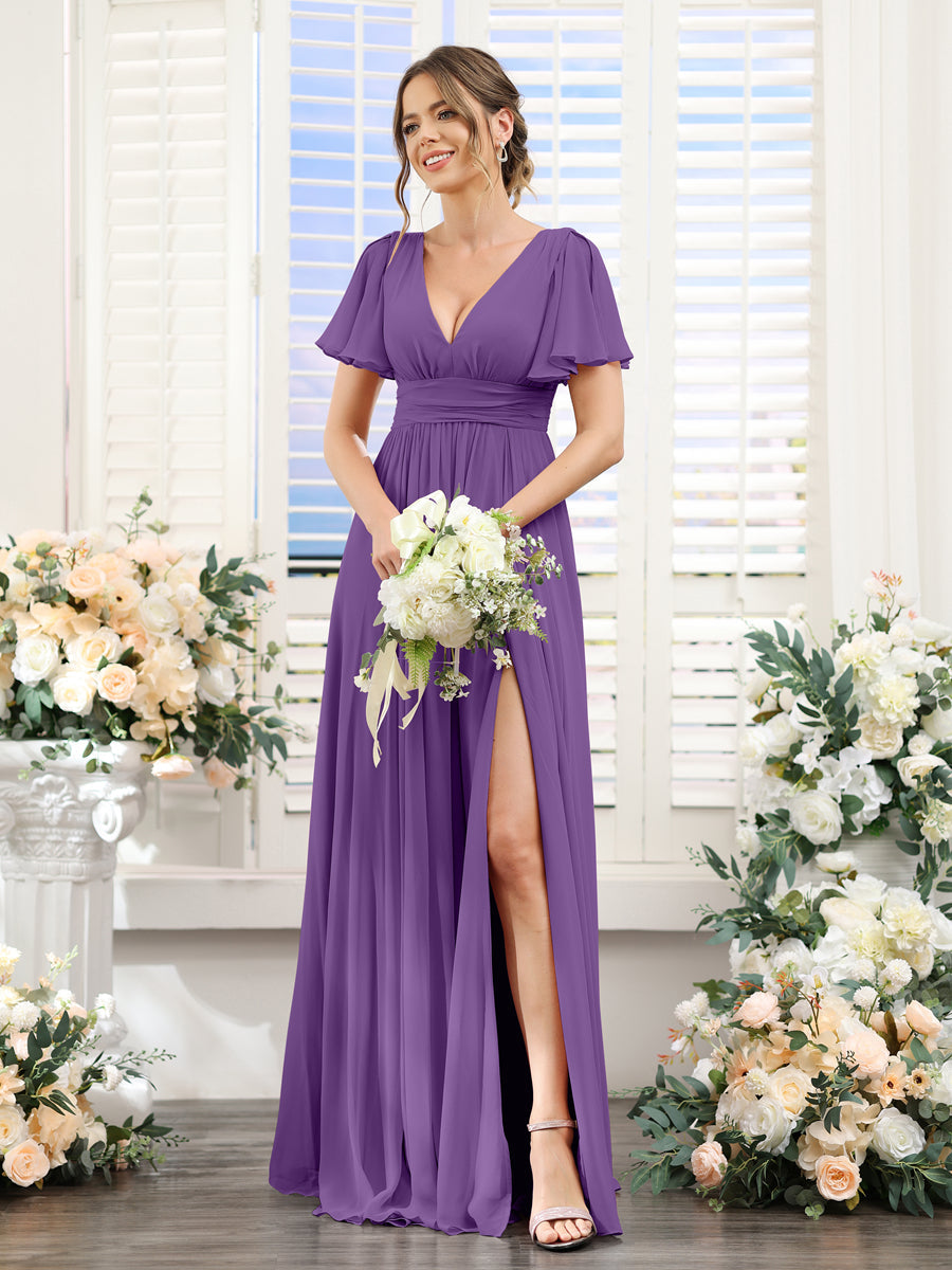 Vestidos de Dama de Honra Em Chiffon Linha A com Mangas Curtas e Laterais Divididas Até O Chão