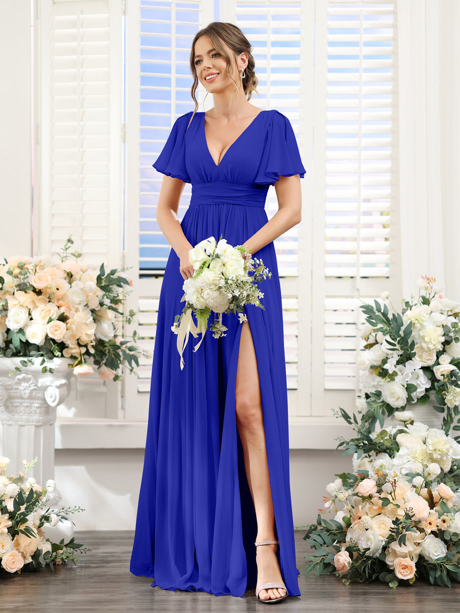 Vestidos de Dama de Honra Em Chiffon Linha A com Mangas Curtas e Laterais Divididas Até O Chão