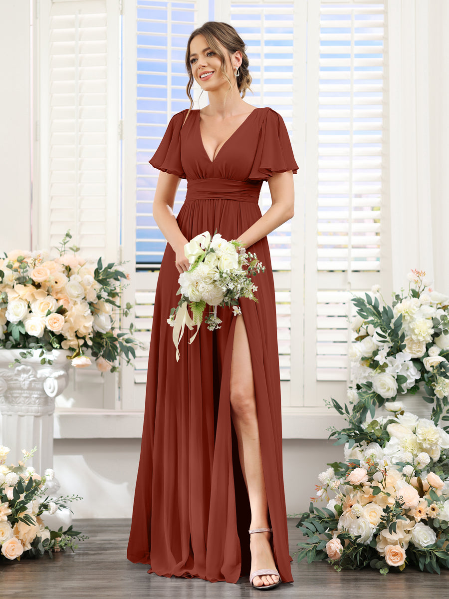 Vestidos de Dama de Honra Em Chiffon Linha A com Mangas Curtas e Laterais Divididas Até O Chão