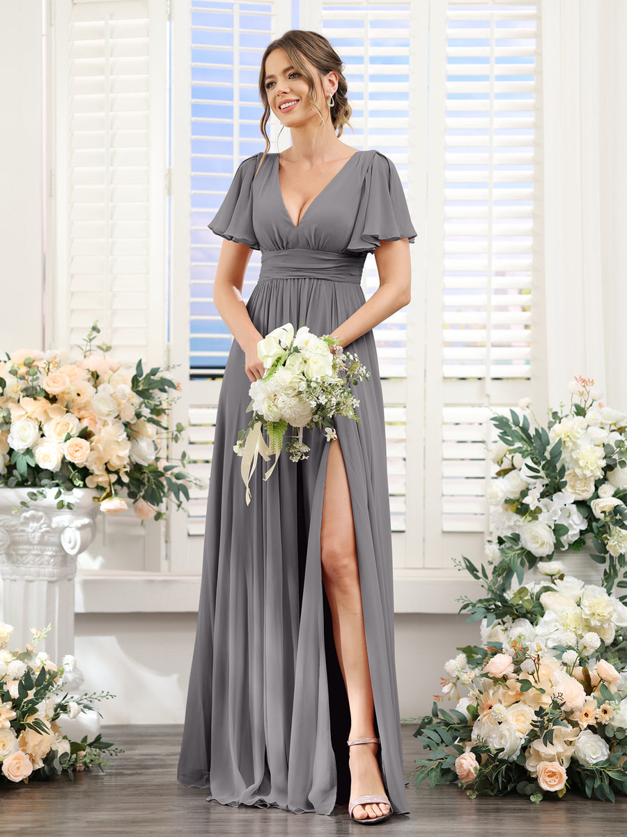 Vestidos de Dama de Honra Em Chiffon Linha A com Mangas Curtas e Laterais Divididas Até O Chão