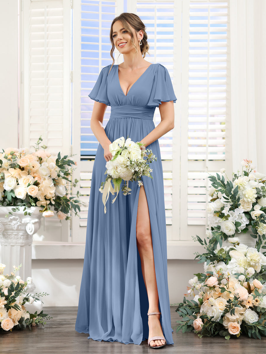 Vestidos de Dama de Honra Em Chiffon Linha A com Mangas Curtas e Laterais Divididas Até O Chão
