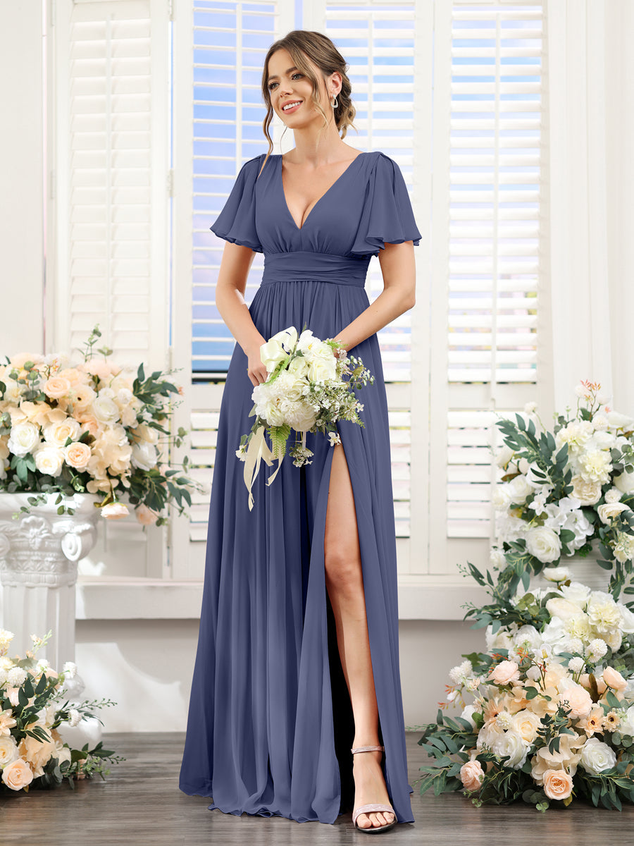 Vestidos de Dama de Honra Em Chiffon Linha A com Mangas Curtas e Laterais Divididas Até O Chão