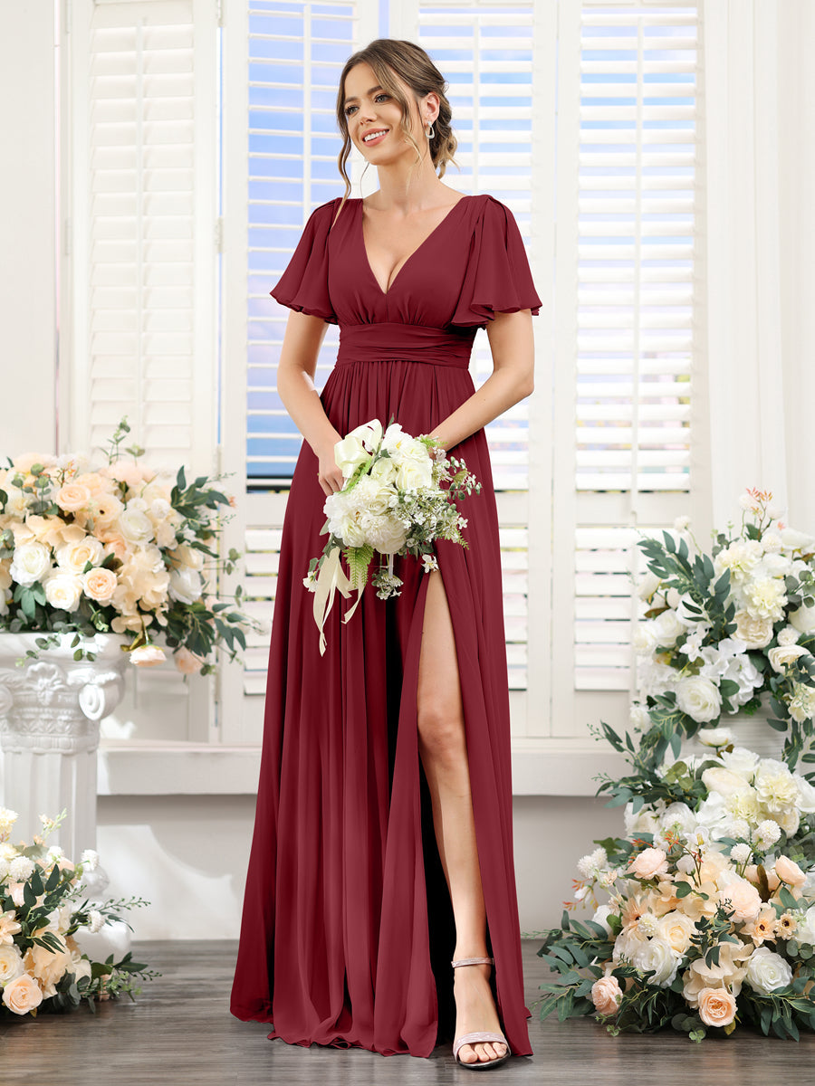Vestidos de Dama de Honra Em Chiffon Linha A com Mangas Curtas e Laterais Divididas Até O Chão