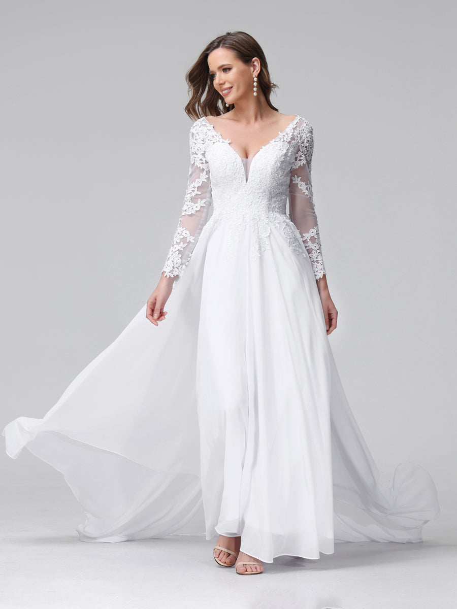 Vestidos de Noiva Longos Em Chiffon com Mangas Compridas e Decote Em A com Apliques de Renda