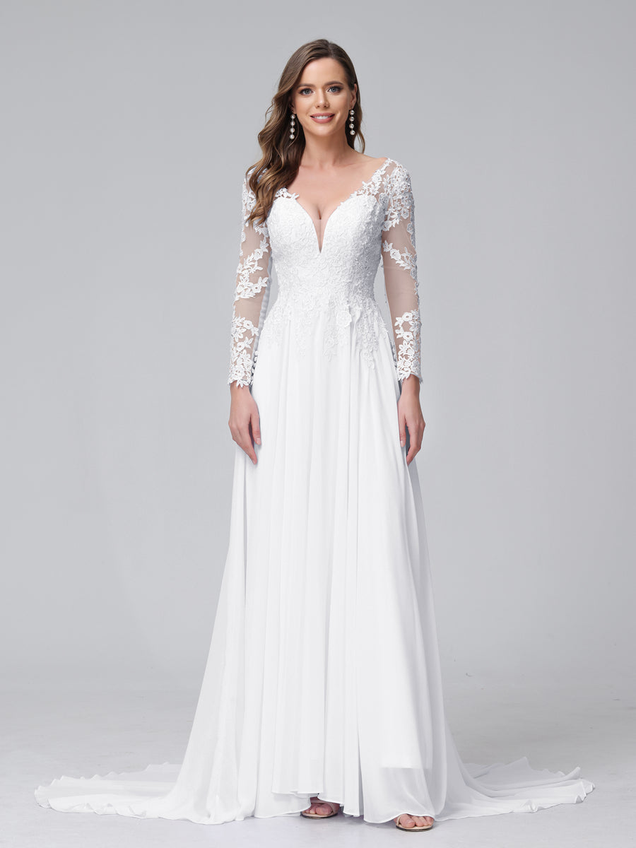 Vestidos de Noiva Longos Em Chiffon com Mangas Compridas e Decote Em A com Apliques de Renda