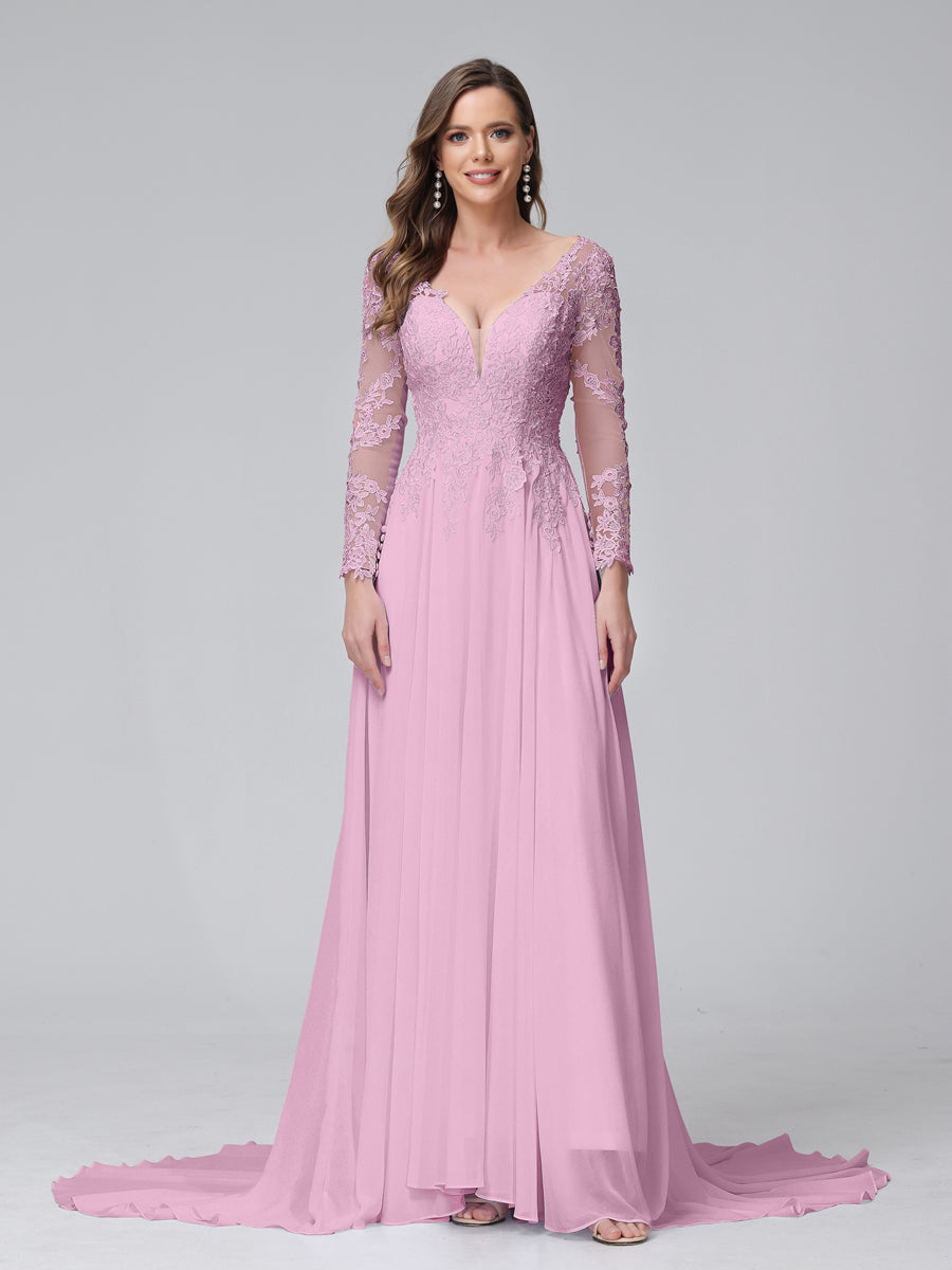 Vestidos de Noiva Longos Em Chiffon com Mangas Compridas e Decote Em A com Apliques de Renda
