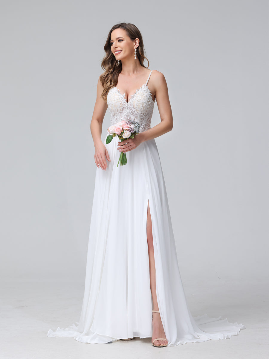 A-Line Alças Finas com Decote Em V Sem Mangas Vestidos de Casamento Longos de Chiffon com Apliques Laterais Divididas