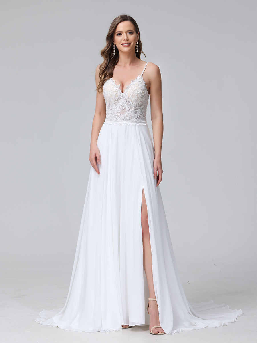 A-Line Alças Finas com Decote Em V Sem Mangas Vestidos de Casamento Longos de Chiffon com Apliques Laterais Divididas