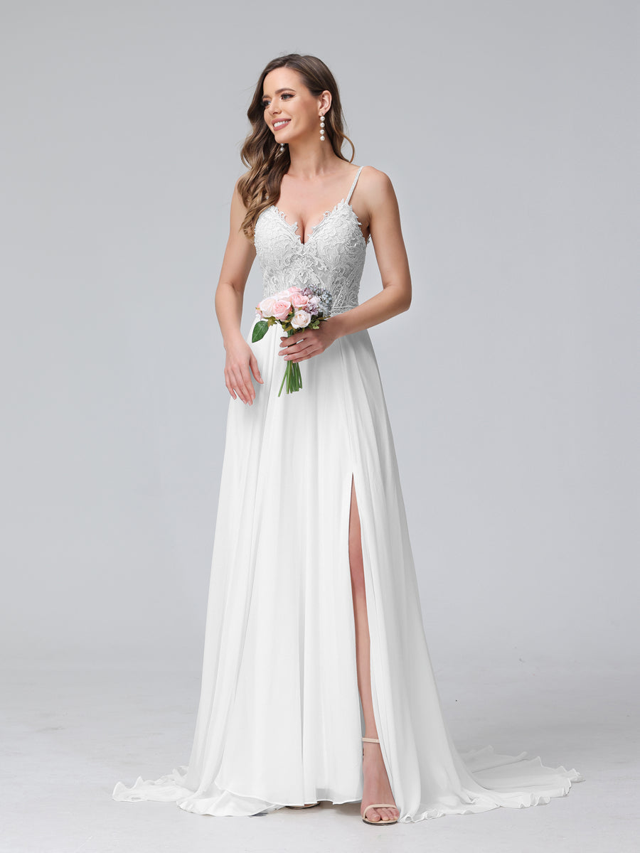 A-Line Alças Finas com Decote Em V Sem Mangas Vestidos de Casamento Longos de Chiffon com Apliques Laterais Divididas