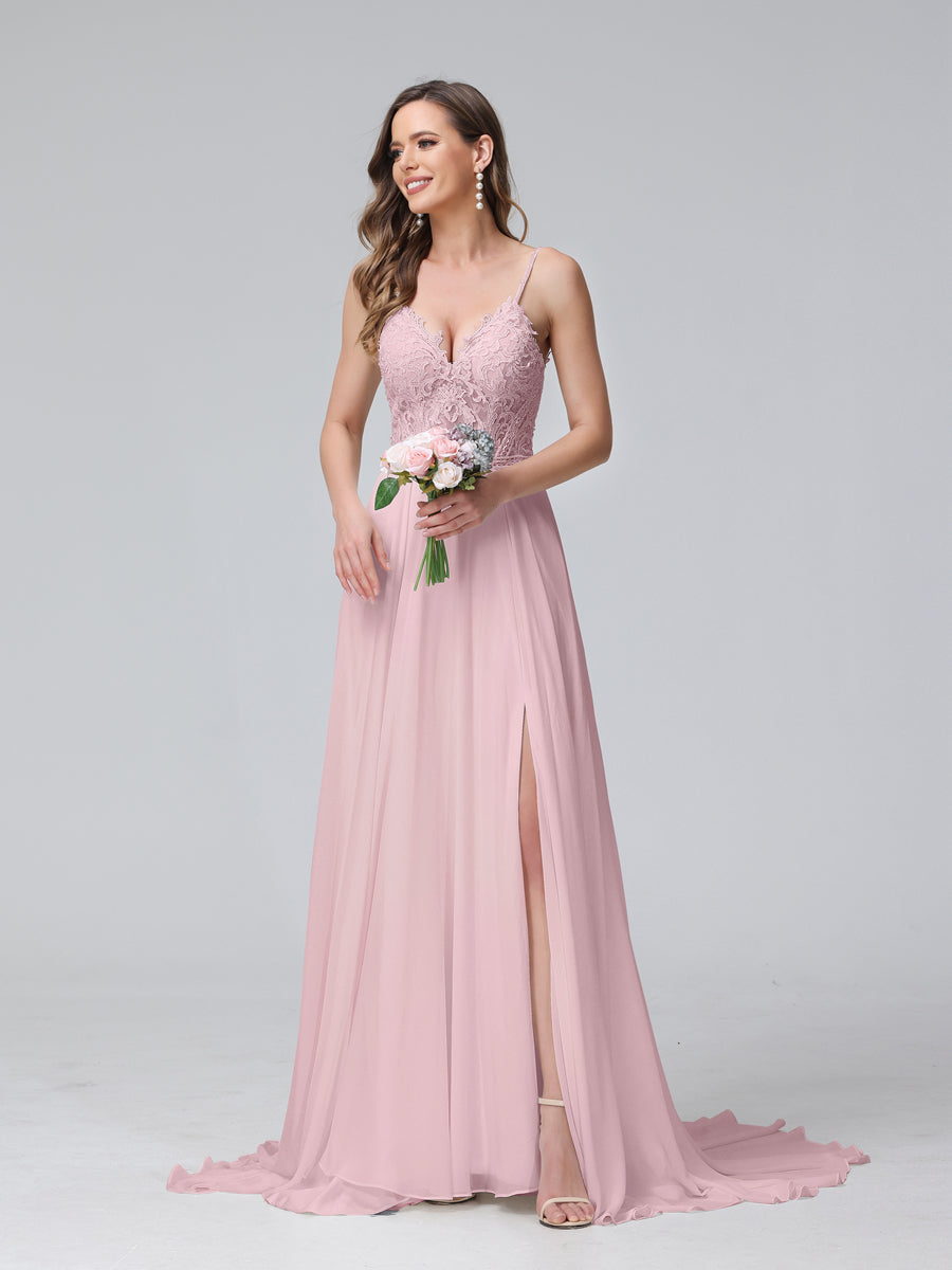 A-Line Alças Finas com Decote Em V Sem Mangas Vestidos de Casamento Longos de Chiffon com Apliques Laterais Divididas