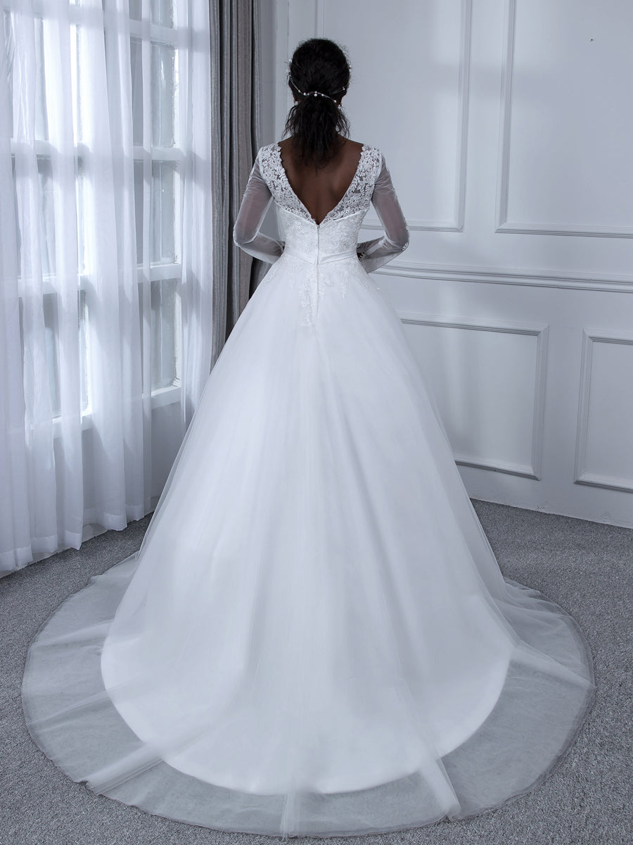 Vestido de Noiva de Tule com Mangas Compridas e Decote Em V com Apliques