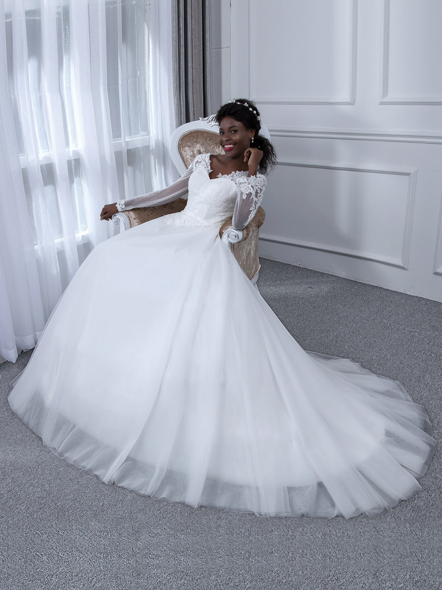 Vestido de Noiva de Tule com Mangas Compridas e Decote Em V com Apliques