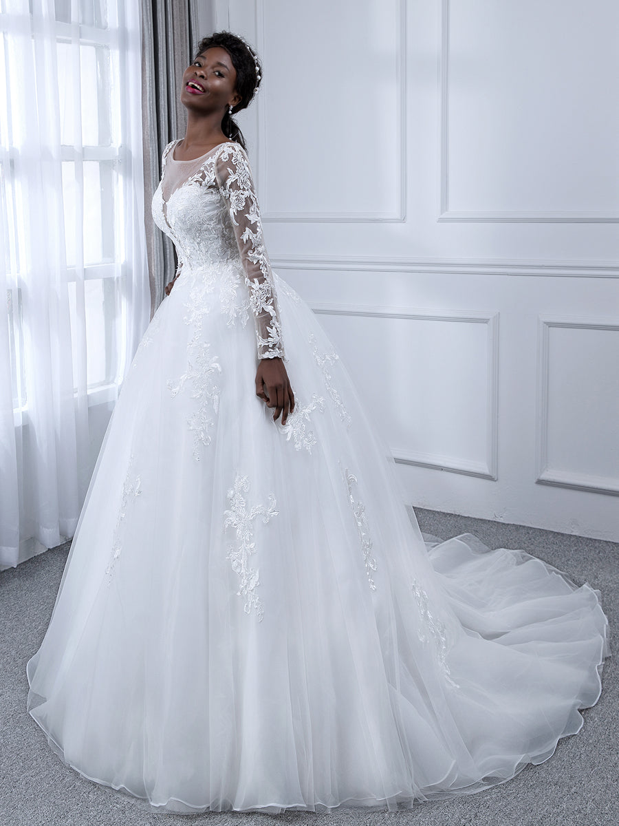Vestido de Baile de Tule com Decote Transparente Vestidos de Noiva com Mangas Compridas e Apliques