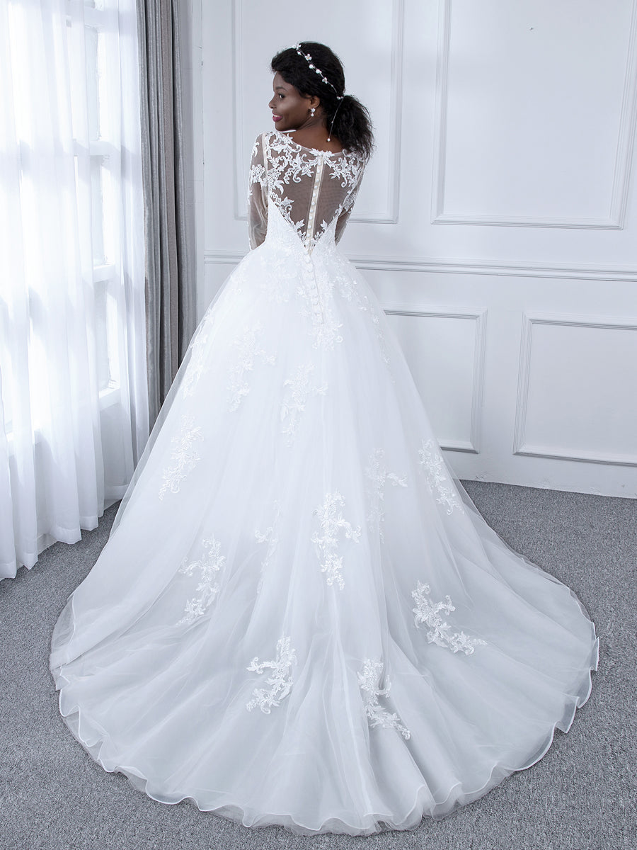 Vestido de Baile de Tule com Decote Transparente Vestidos de Noiva com Mangas Compridas e Apliques
