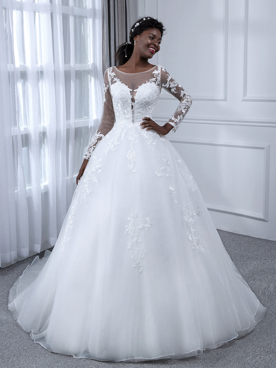 Vestido de Baile de Tule com Decote Transparente Vestidos de Noiva com Mangas Compridas e Apliques