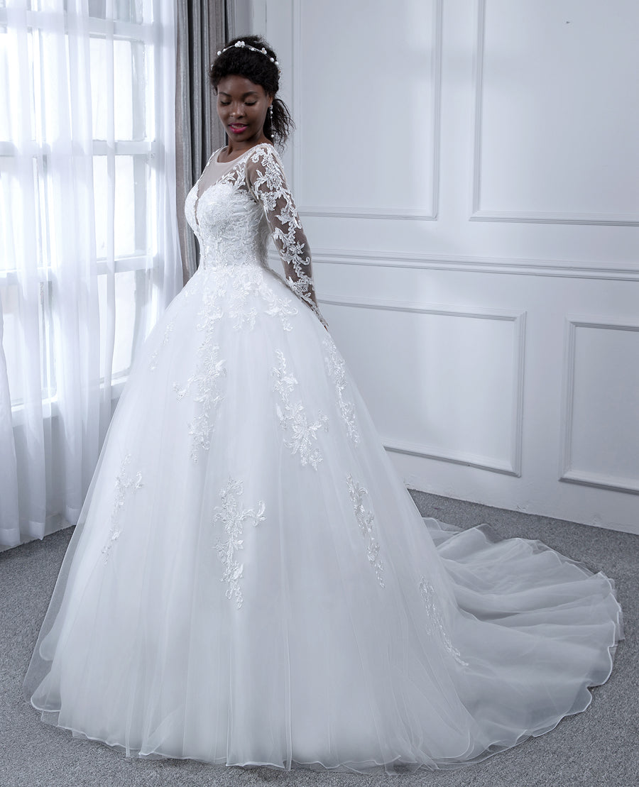 Vestido de Baile de Tule com Decote Transparente Vestidos de Noiva com Mangas Compridas e Apliques