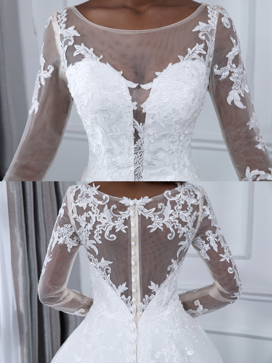 Vestido de Baile de Tule com Decote Transparente Vestidos de Noiva com Mangas Compridas e Apliques