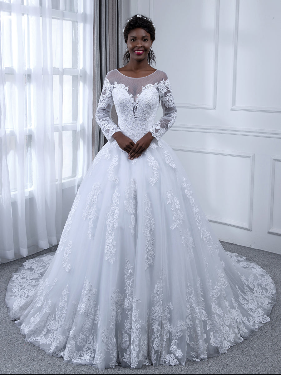 Sheer Neck Mangas Compridas Tule Vestido de Baile Vestidos de Casamento com Apliques de Miçangas