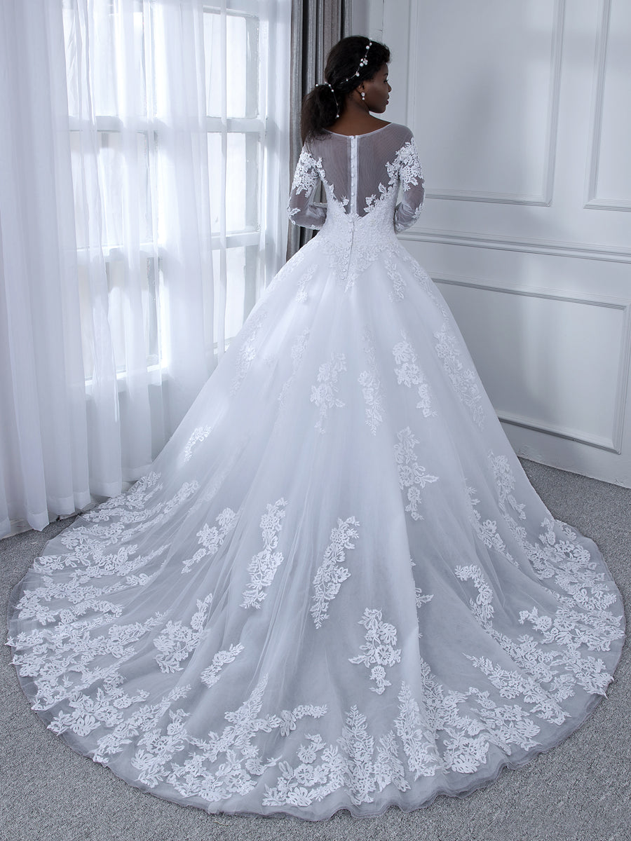 Sheer Neck Mangas Compridas Tule Vestido de Baile Vestidos de Casamento com Apliques de Miçangas
