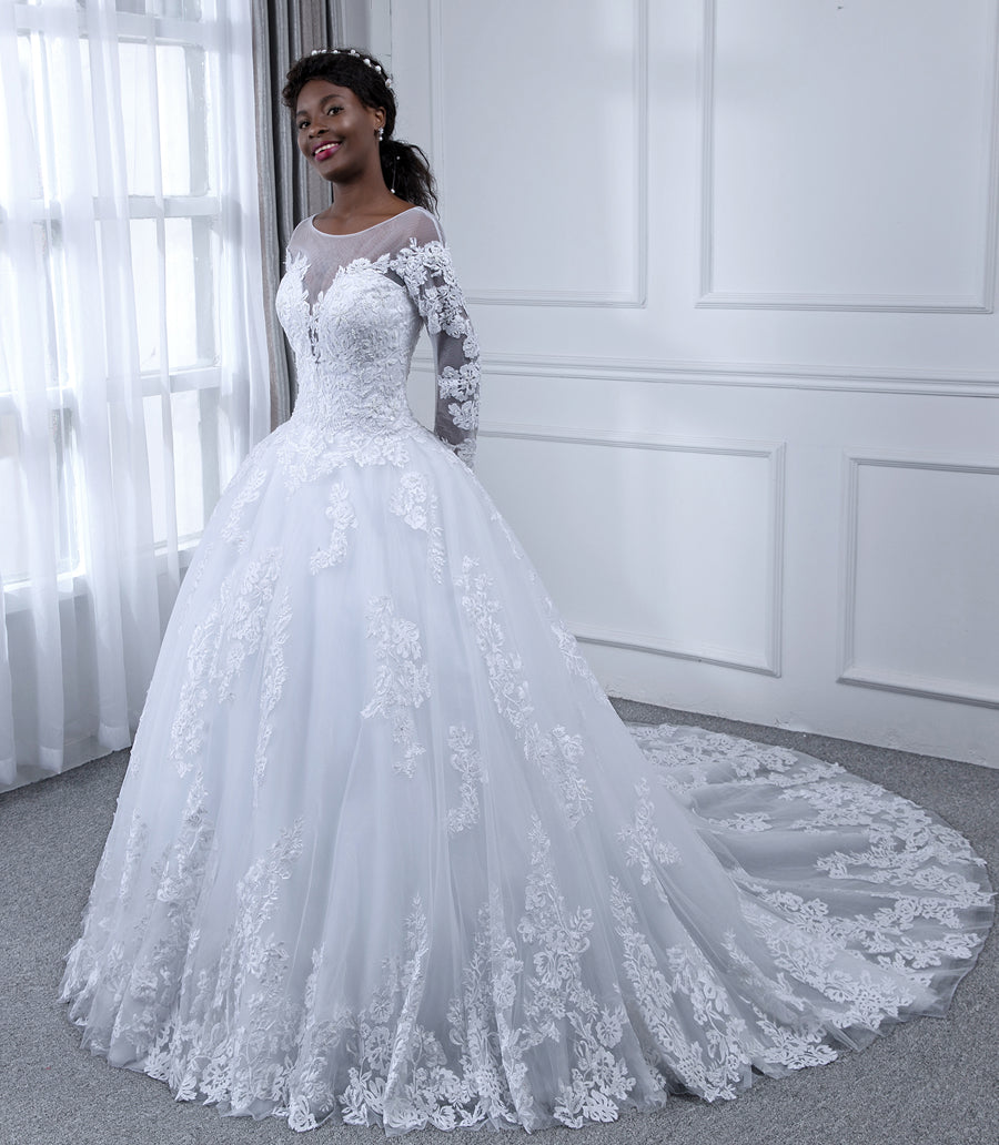 Sheer Neck Mangas Compridas Tule Vestido de Baile Vestidos de Casamento com Apliques de Miçangas