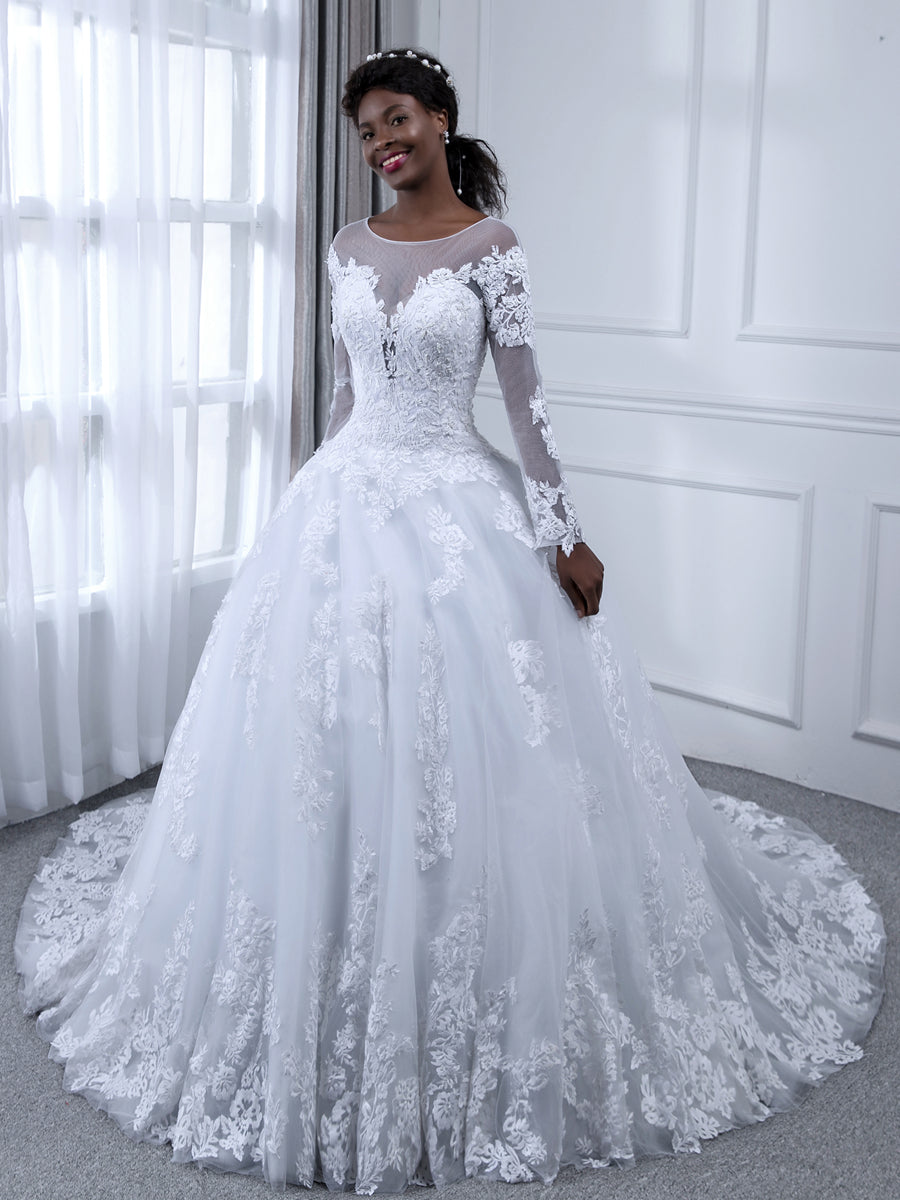 Sheer Neck Mangas Compridas Tule Vestido de Baile Vestidos de Casamento com Apliques de Miçangas
