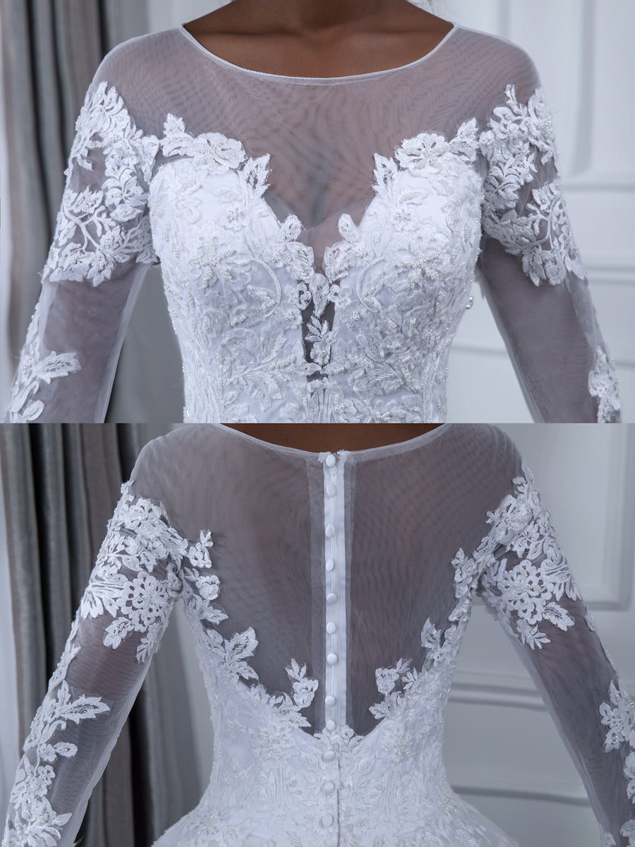Sheer Neck Mangas Compridas Tule Vestido de Baile Vestidos de Casamento com Apliques de Miçangas