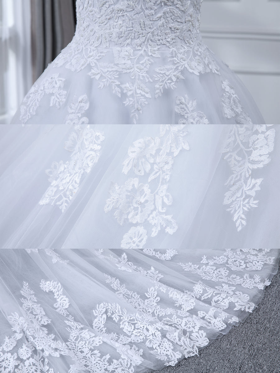 Sheer Neck Mangas Compridas Tule Vestido de Baile Vestidos de Casamento com Apliques de Miçangas
