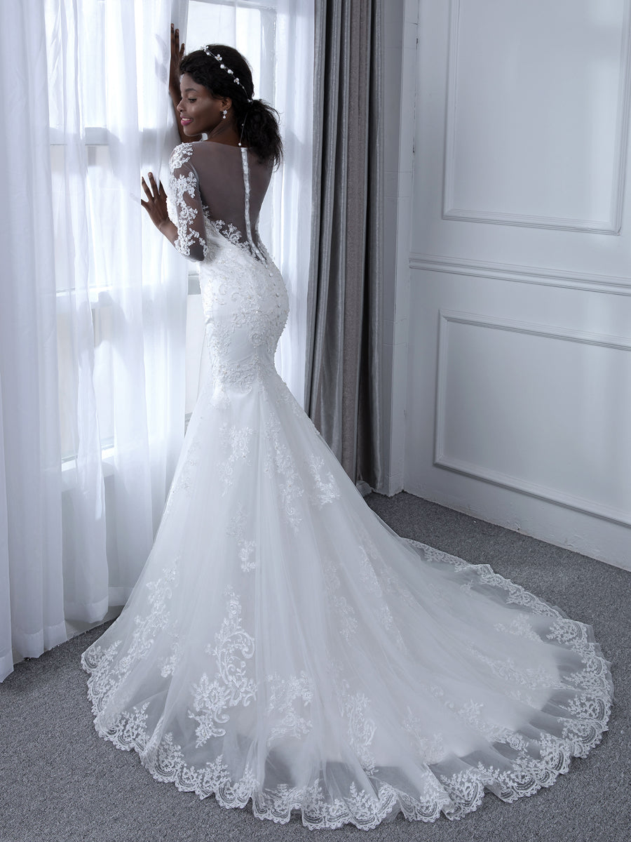Vestidos de Noiva de Sereia de Tule com Mangas 3/4 com Decote Transparente e Apliques de Miçangas