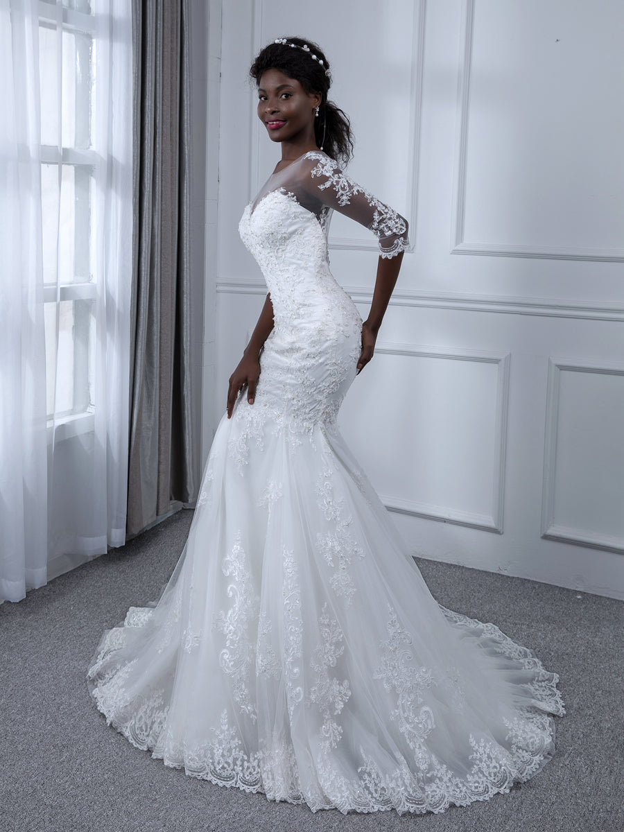 Vestidos de Noiva de Sereia de Tule com Mangas 3/4 com Decote Transparente e Apliques de Miçangas