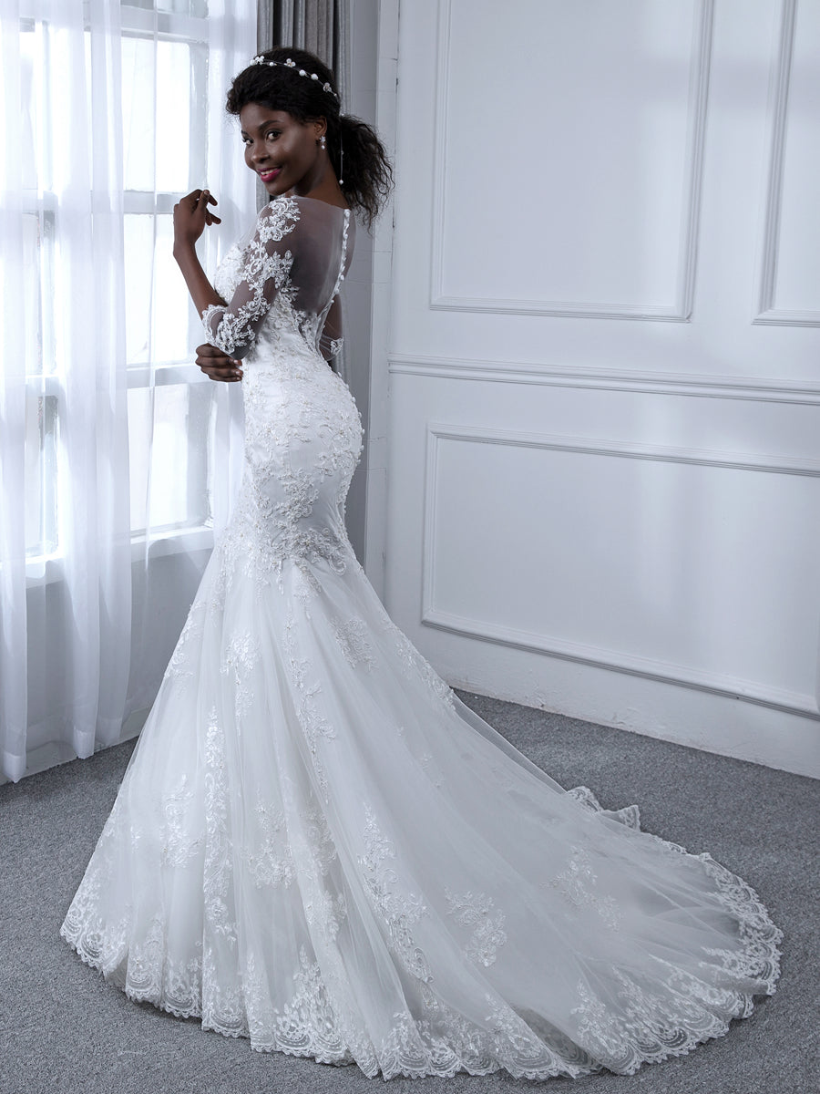 Vestidos de Noiva de Sereia de Tule com Mangas 3/4 com Decote Transparente e Apliques de Miçangas