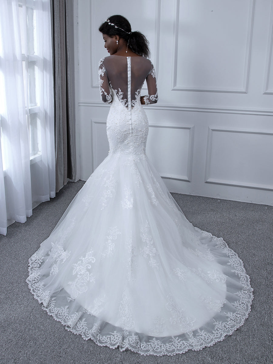 Vestidos de Noiva de Sereia de Tule com Mangas 3/4 com Decote Transparente e Apliques de Miçangas
