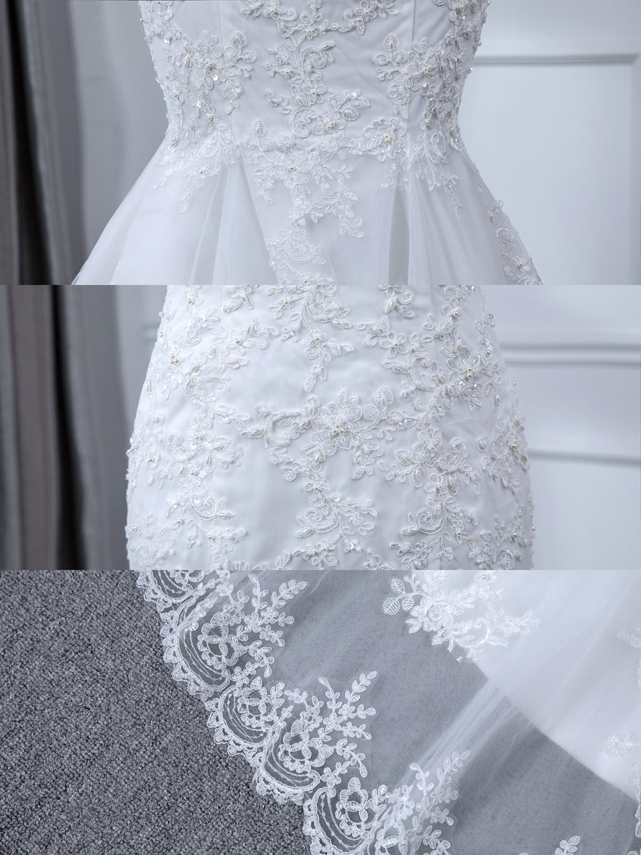 Vestidos de Noiva de Sereia de Tule com Mangas 3/4 com Decote Transparente e Apliques de Miçangas