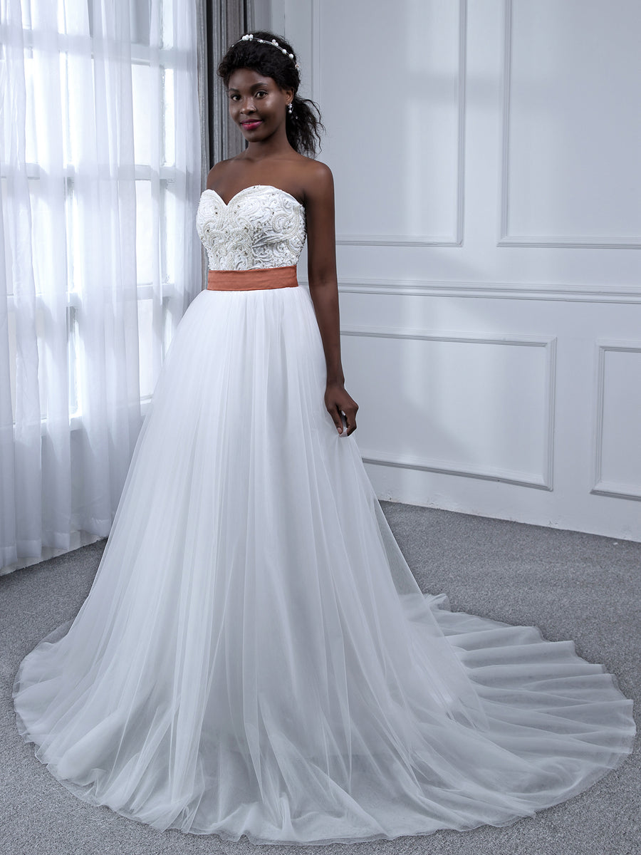 Vestidos de Noiva de Tule Sem Alças Evasê Sem Mangas com Strass