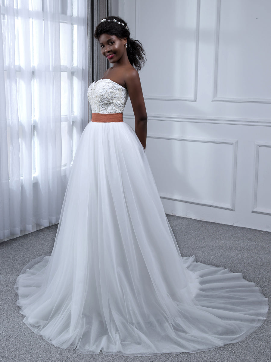 Vestidos de Noiva de Tule Sem Alças Evasê Sem Mangas com Strass