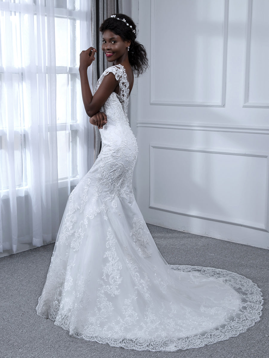 Vestidos de Noiva de Sereia de Tule Sem Mangas com Decote Transparente e Apliques