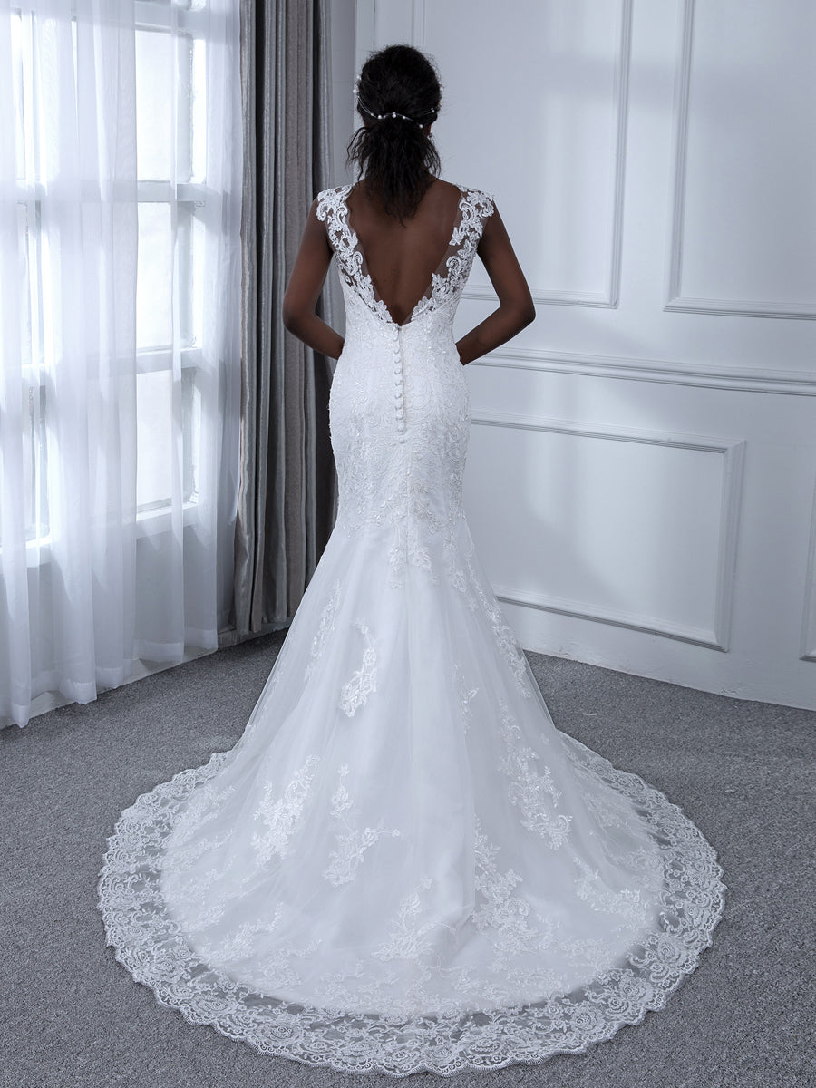 Vestidos de Noiva de Sereia de Tule Sem Mangas com Decote Transparente e Apliques