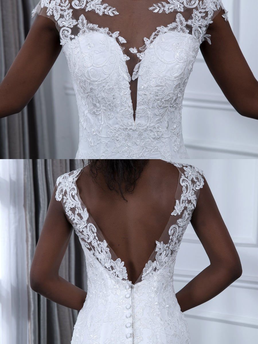 Vestidos de Noiva de Sereia de Tule Sem Mangas com Decote Transparente e Apliques