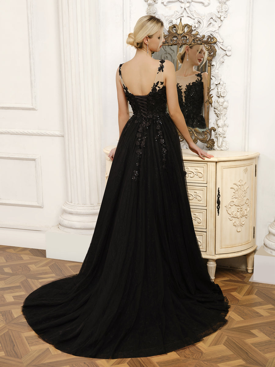 Vestidos de Noiva de Tule Sem Mangas com Laterais Divididas e Apliques