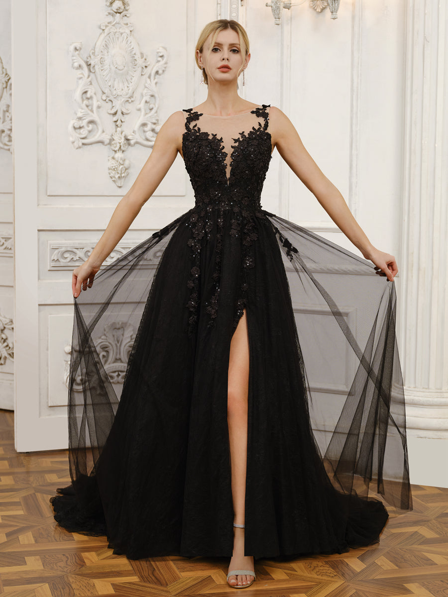 Vestidos de Noiva de Tule Sem Mangas com Laterais Divididas e Apliques