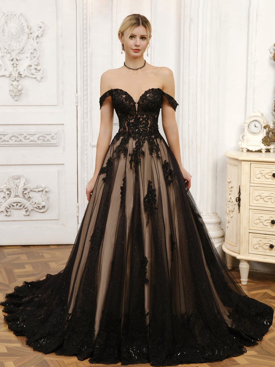 Vestidos de Noiva com Vestido de Baile de Tule Fora do Ombro com Miçangas e Apliques