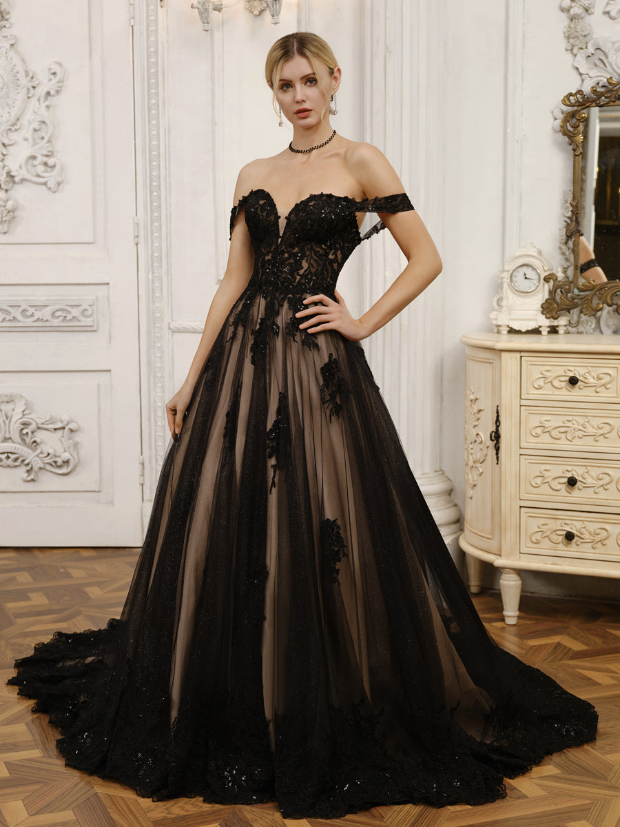Vestidos de Noiva com Vestido de Baile de Tule Fora do Ombro com Miçangas e Apliques