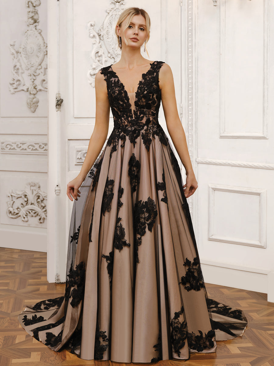 Vestidos de Noiva Longos de Tule Sem Mangas com Decote Em A Evasê e Apliques