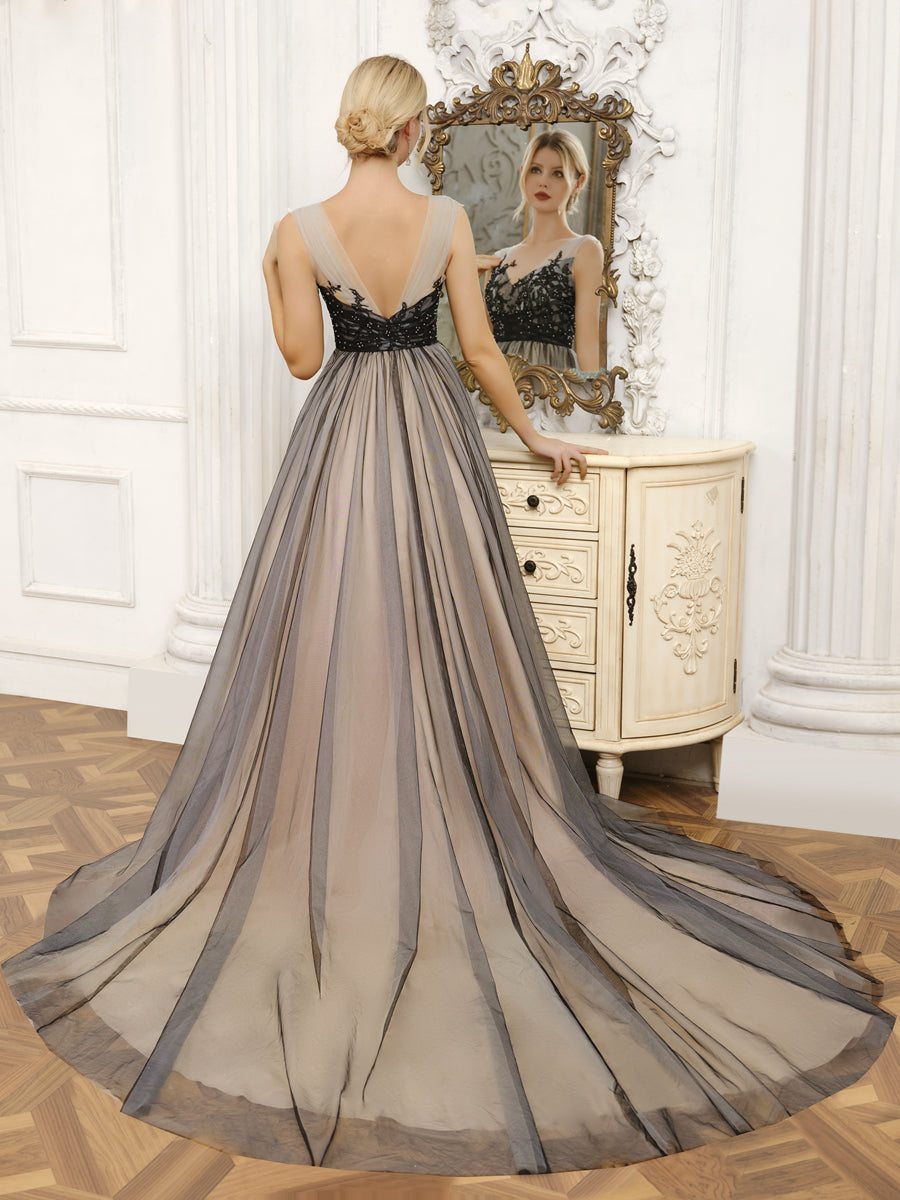 Tule com Decote Em V Sem Mangas Vestido de Baile Vestidos de Noiva com Miçangas