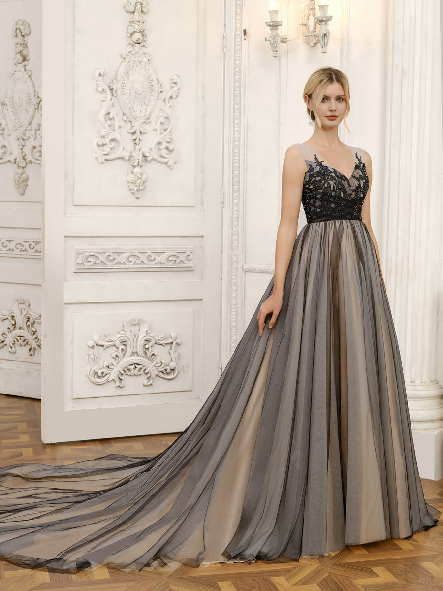 Tule com Decote Em V Sem Mangas Vestido de Baile Vestidos de Noiva com Miçangas