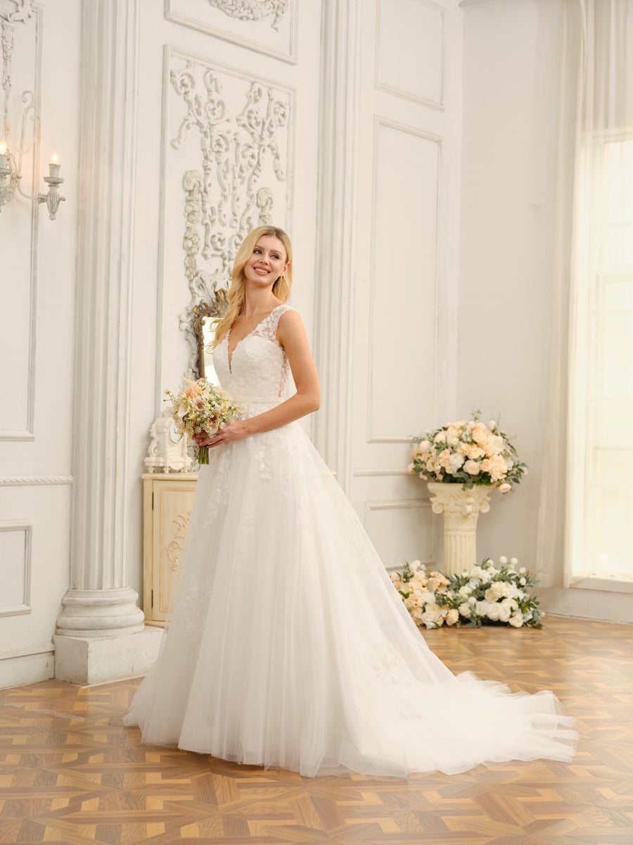 Vestidos de Noiva Longos Sem Mangas com Decote Em V com Apliques e Miçangas