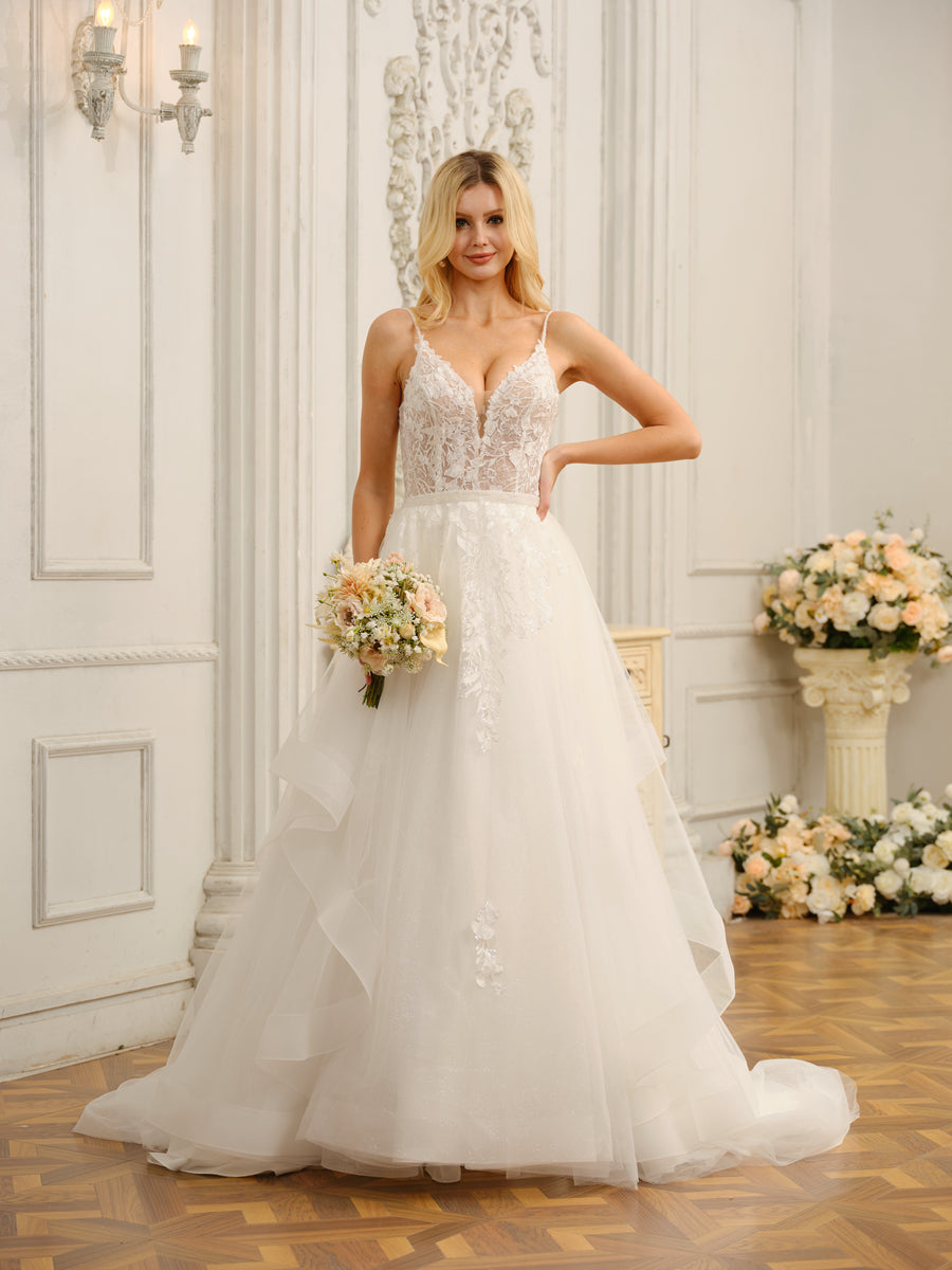 Alças Finas com Decote Em V Sem Mangas Vestidos de Noiva Longos com Apliques e Miçangas