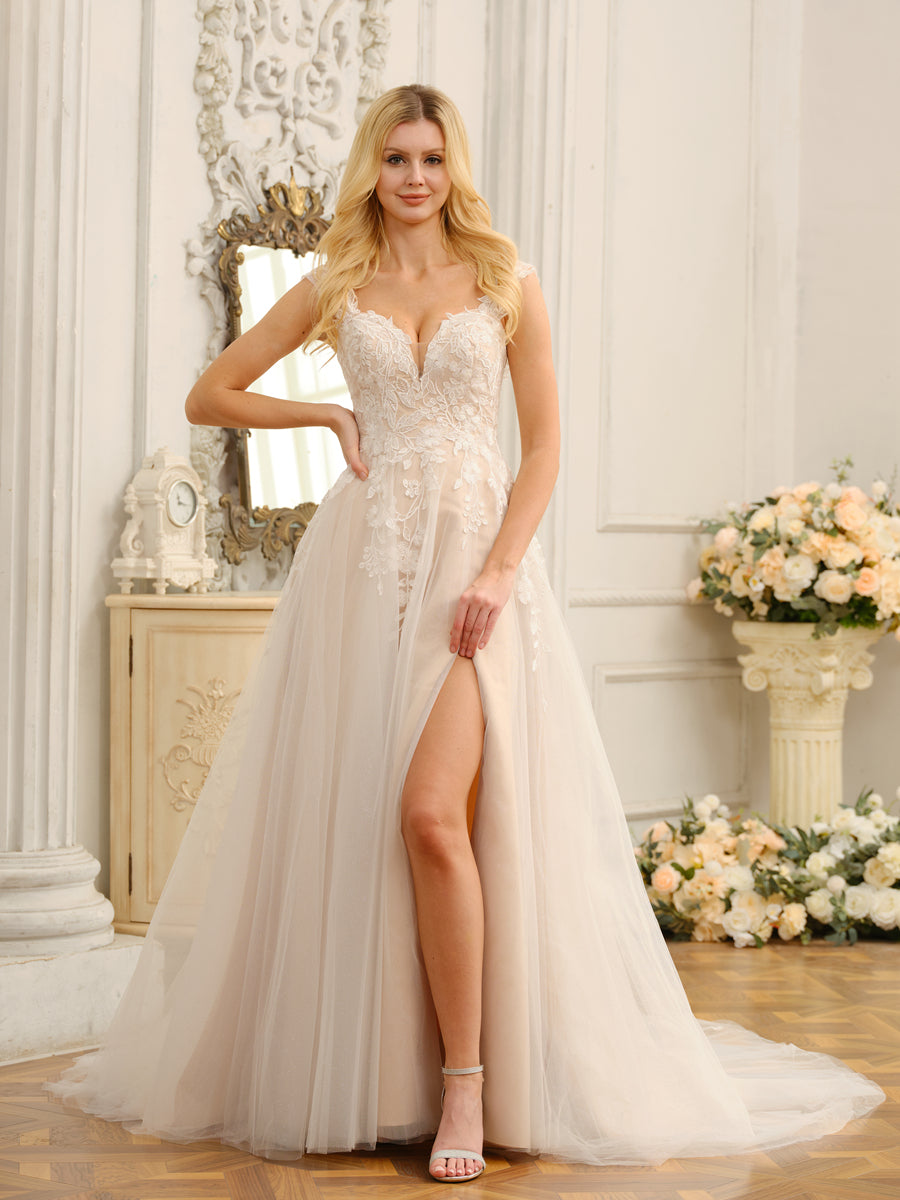 Vestidos de Noiva Longos Sem Mangas A-Line/Princesa com Apliques e Laterais Divididas