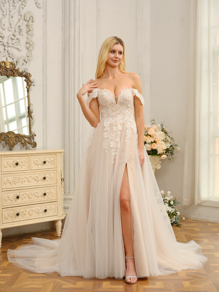 Vestidos de Noiva Longos Sem Mangas A-Line/Princesa com Apliques e Laterais Divididas
