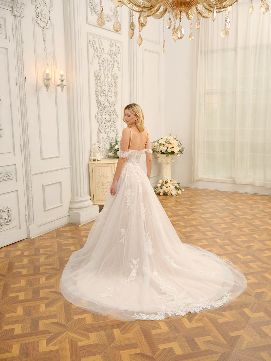 Vestidos de Noiva Longos de Tule Sem Mangas com Ombros Largos e Apliques